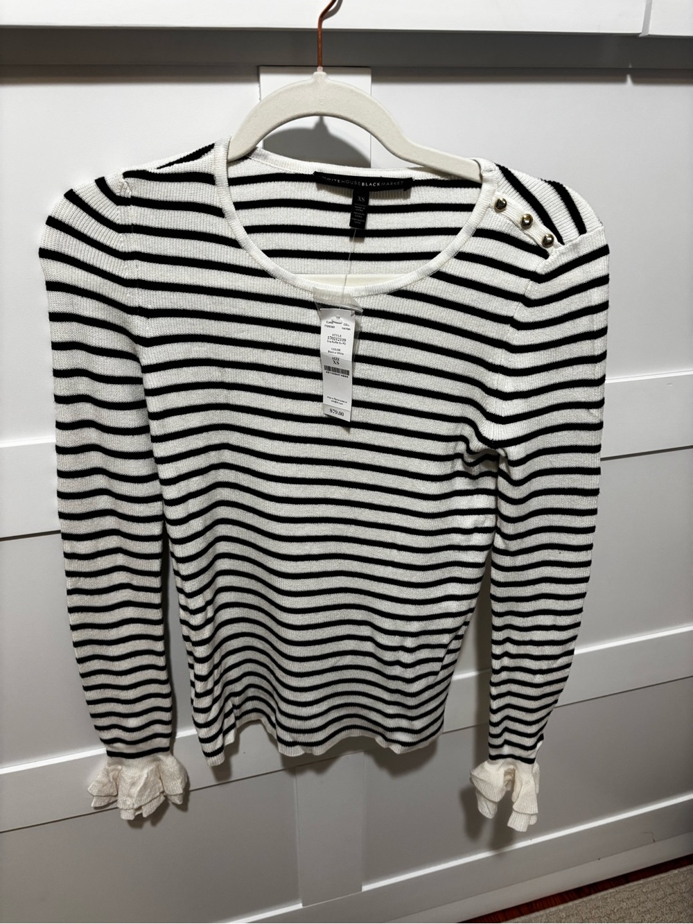 Striped Black & White Crewneck Sweater with Shoulder Buttons